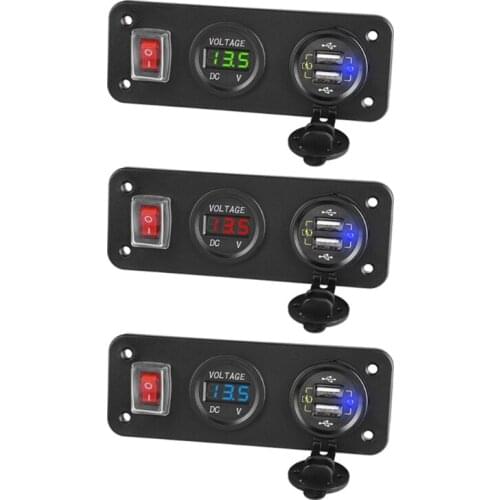 2in1 Charger Socket Panel Dual QC3.0 USB Socket Power Outlet & LED Voltmeter & ON Off Switch Power Cable for Truck Boat