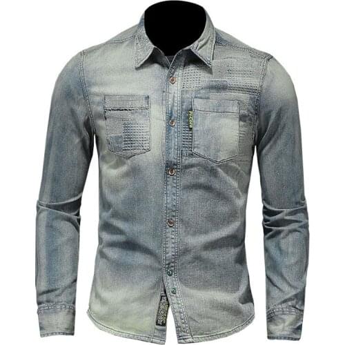 2021 Spring Jeans Shirt Men Denim Shirts 100% Cotton Lapel Long Sleeve Retro Slim Casual Motorcycle Light Blue Cowboy Thin Coat