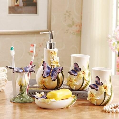5 pcs Home decor wedding gift ceramic bathroom accessary set Wash Tool Gift Lotion Dispenser,Soap Dish,Toothbrush Holder