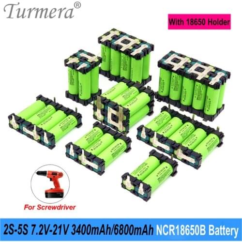 Turmera 18650 3400mAh Battery NCR18650B Soldering Nicekl with Holder for 3S 12.6V 4S 16.8V 5S 21V Electric Drill Screwdriver Use