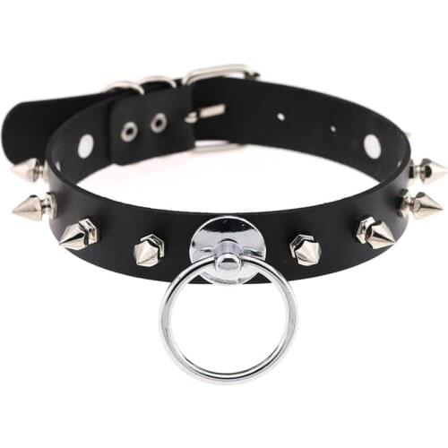 Harajuku spiked choker sexy metal black punk necklace pu Leather goth choker Necklace women studded gothic round cosplay club