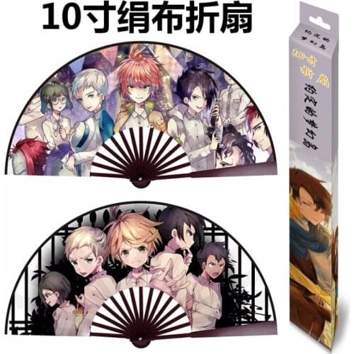 The promised neverland folding fan toy 10"/33cm Anime Bamboo Silk Cloth Hardcover Hand Fan toy gift