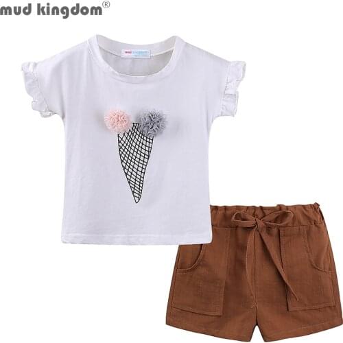 Mudkingdom Girls Shorts Set Ruffle-Sleeve Ice Cream Pattern 3D Flower Summer Girls Clothes