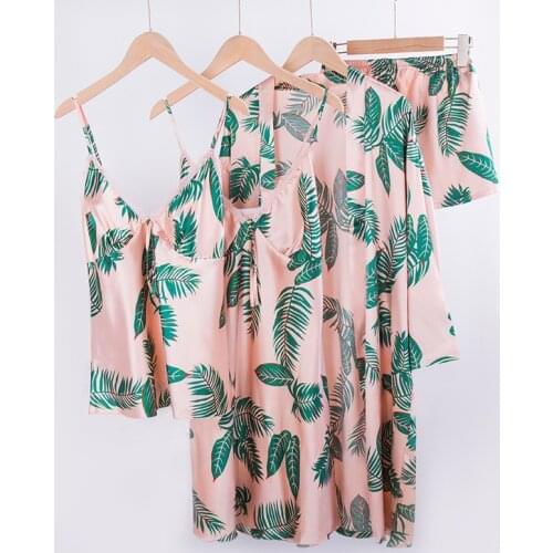 4PCS Women Print Leaves Robe Set V-Neck Lace Nightdress Kimono Bathrobe Gown Sexy Rayon Lingerie Home Dress Sleepshirt Nightwear