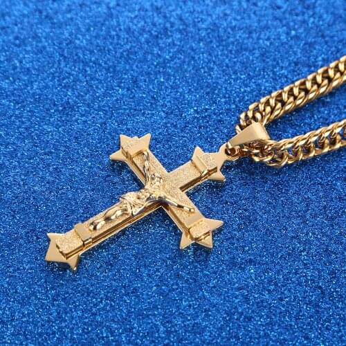 Fashion Cross Christ Jesus Pendant Necklace Stainless Steel Link rolo Chain Heavy Men Jewelry Gift 21.65" 7mm gold tone