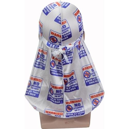 Unisex Hip-Hop Durags Warnning Print Silky Durags Bandanas Men Headwear Turban Hat Pirate Cap Du Doo Rag Women Hair Accessories