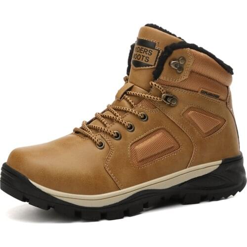 Mens Leather Boots Hiking Shoes Winter Plush Shoes Large Outdoor Snow Boots High-top Sports Shoes Non-slip Wear-resistant