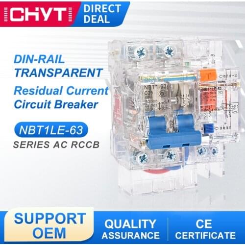 NBT1LE-63 2P 400V 10A 16A 20A 25A 32A 40A 50A 63A Transparent Residual Current Earth Leakage Circuit Breaker RCBO RCCB