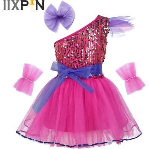 IIXPIN Girls Jazz Dress Dance Costume One-Shoulder Sparkly Sequins Mesh Dress Hairclip Wristband Modern Contemporary Dance Dress