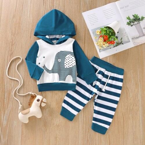 PUDCOCO Newborn Baby Boy Girl Striped Elephant Clothes Hood Tops Pants Autumn Outfit