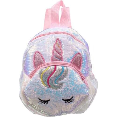 Silver Shiny Sequin Backpack Paillette Unicorn Design Satchel Adorable Bookbag Fashion Cute Kids Travel Small School Bag