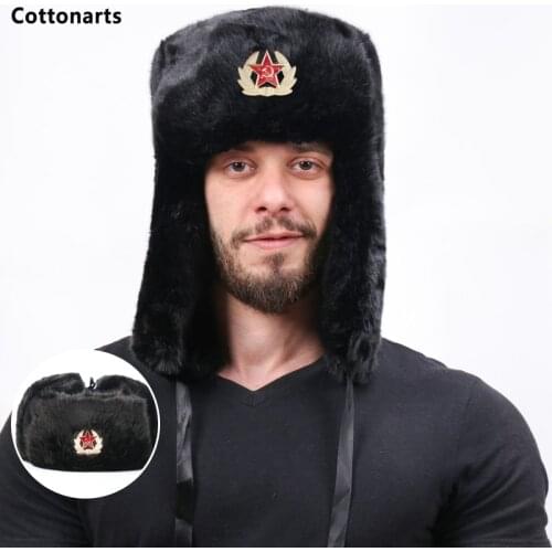 Winter Hat Soviet Army Military Badge Russia Ushanka Bomber Hats Pilot Trapper Warm Fluffy Hat Faux Rabbit Fur Earflap Snow Caps