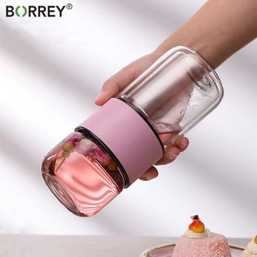BORREY Glass Tea Infuser Bottle Double Wall Bottle For Water Drink Flower Tea Water Separation Outdoor Travel Tea Water Bottle