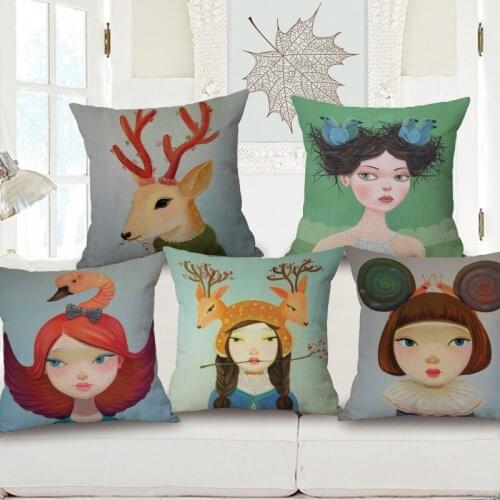 Cute Cartoon Bird Nest Girl Print Cotton Linen Decorative Pillowcase Cushion Covers Sofa Chair Home Decor Capa Almofada