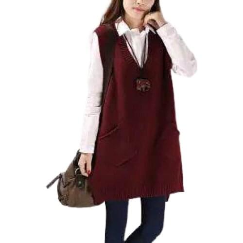 2021 Women Sweater Spring Autumn New Korean Womens V-neck Knit Long A-shaped Pocket Vest Pullover Sleeveless