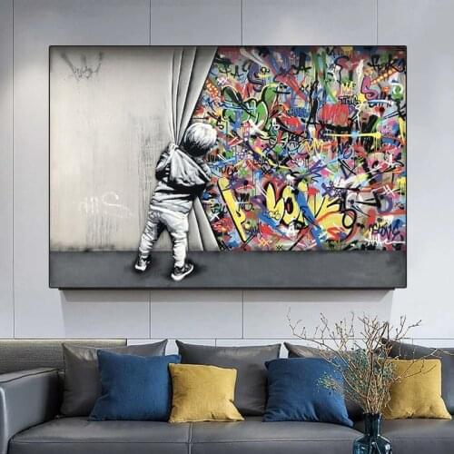 Street Graffiti Art Pictures Kids Lover Behind The Curtain Modern Art Paintings on The Wall Art Posters and Prints Home Decor