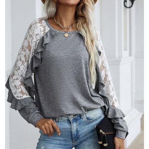 2021 Woman T-Shirts Lace Long Sleeve Round Neck Casual Ruffle Trim Tee Shirt Women Autumn Solid Loose Womens T-shirt Tops