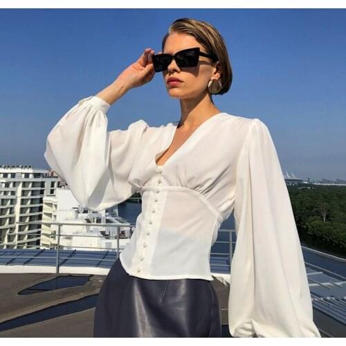 2021 Female New Lantern Sleeve Defined Waist Top Womens V-Neck Long Sleeve Single Breasted Waist Shirt Elegant Ladies Office To