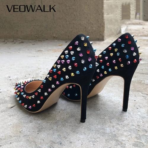 Veowalk Women Flock Pumps Sexy Thin Stiletto High Heel 12cm Rivets Pointed Toe Fashion Ladies Suede Wedding/Party Shoes