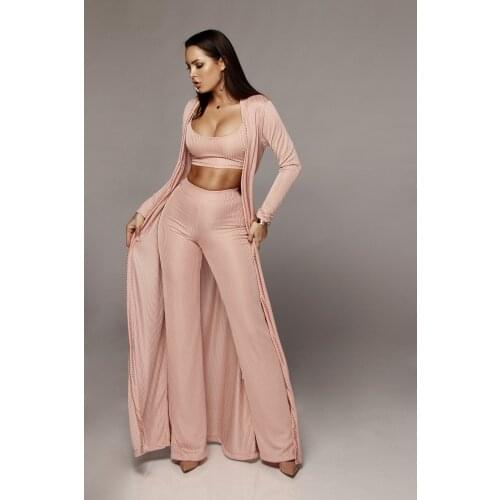 3 Piece Set Women Autumn Winter 2020 Long Sleeve Three Pieces Sets for Female Knitted Fabric Long Coat Pants Tops Womens Suits