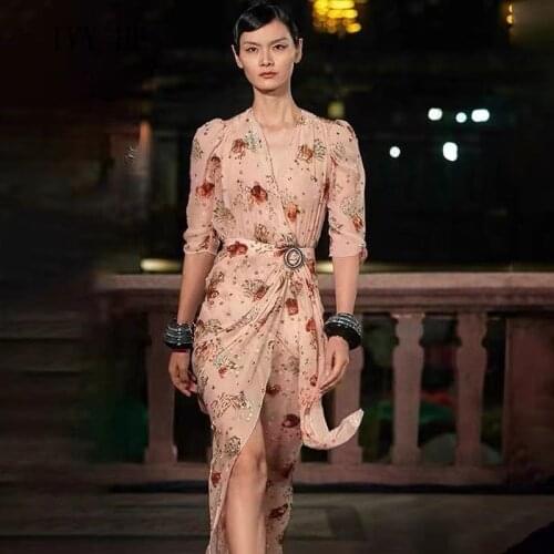 IVY HE High Quality Autumn Dress Woman Clothing French Print Asymmetric Fishtail Dress Party Vintage Long Dresses Traf ZA 2021