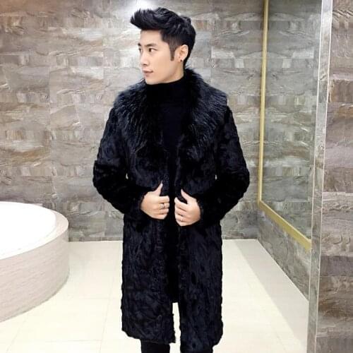 Winter autumn thicken thermal fox fur leather jackets men casual mens medium-long trench coats outerwear fashion black white