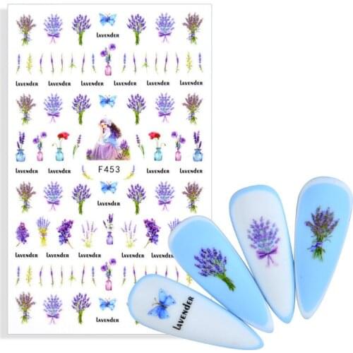 1PC Purple Lavender Nail Adhesive Decals Colorful Flower Leaf Water Transfer Sliders Nail Stickers For Nails DIY Manicures Wraps