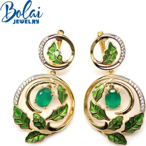 Bolai,2021 new 925 sterling silver natural green agate oval 6*8mm Big earrings, Fresh leaf shape design, suitable for party wear