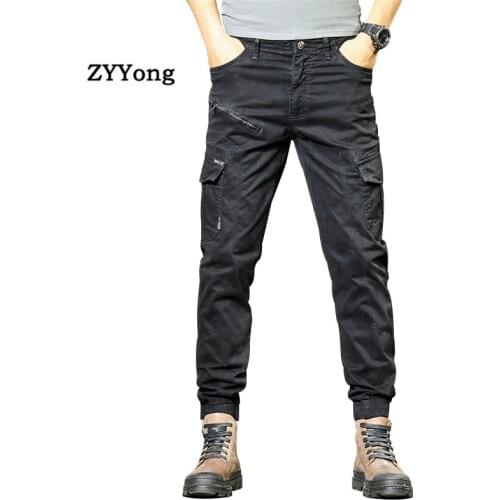 High Street Mens Cargo Pants Cotton Fashion Military Style Multi-Pockets Beam Feet Casual Trousers Elasticity Freight Overalls