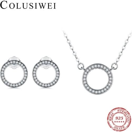 COLUSIWEI New Vintage Sterling Silver 925 Clear CZ Circle Round Wedding Engagement Jewelry Sets Pendant Necklace & Stud Earring