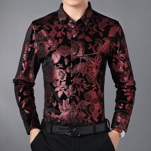EL008 Creative wine red 3d leaves printing fashion long-sleeved shirt Autumn 2018 high-quality soft comfortable shirt men M-XXXL
