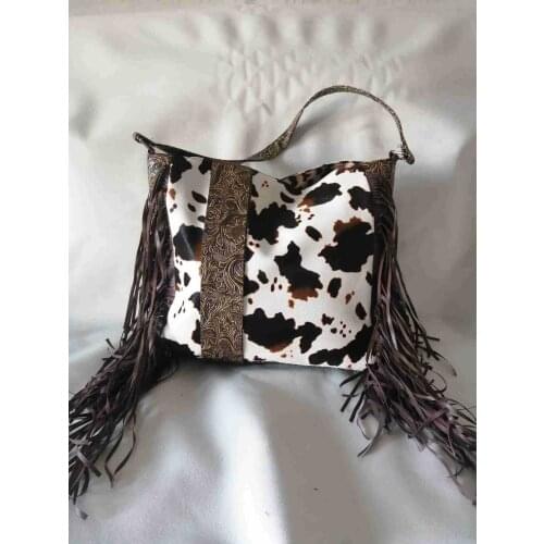 Soft Leather Large-Capacity Leopard Cow Pattern Tassel HandBag Vertical Square Solid Color Zipper Square Shoulder Bag