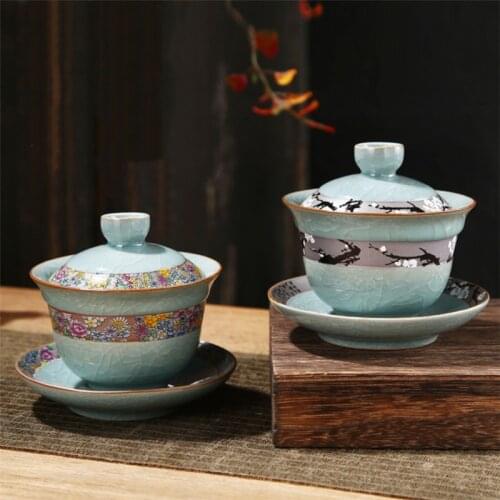 Ceramic Ice Cracked Glaze Kung Fu Gaiwan Creative Tea Bowl with Lid and Saucer Set Household Chinese Simple Tea Cup Tea Set