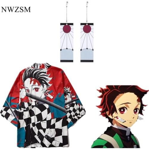 Anime Demon Slayer Cosplay Kimono Cardigan Sunscreen printing Loose Kimono Harajuku Short Sleeve cloak necklace earrings suit