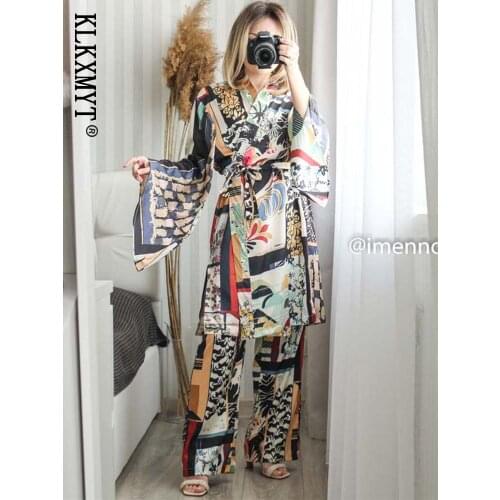 Klkxmyt Za 2Pcs Sets Women Kimono Shirts +Trousers 2021 Summer Fashion Printed Long Sleeve Blouse Female Pants Casual Sets