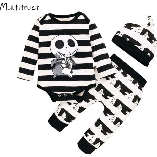 Toddler Newborn Baby Boy Girl Halloween Pants Set Skull Bodysuit Romper Stripe Pant Hat Outfit 3Pcs Clothes