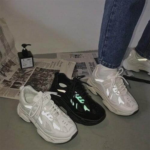 Women Sneakers Platform Chunky Fashion Mesh Casual Shoes Reflective Comfortable Thick Sole Ladies White Flats Vulcanize Shoes