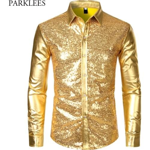 Mens Gold Embellished Sequins Shirts Shiny Glitter Shirt Men Chemise Homme Metallic Disco Club Stage Shirts Costume Camisa XXL