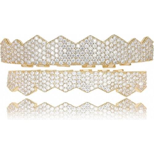 Hip Hop Micro Pave White CZ Zircon Bling Iced Out Teeth Grillzs Top Bottom Set Gold Flat Dental Grills Men Rapper Jewelry