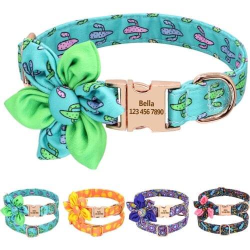 Custom Nylon Dog Collar Printed Pet Flower Collar Personalized Dog Puppy Collars Engraved ID Tag For Small Medium Large Dogs
