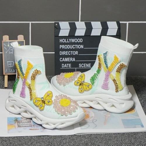 2021 new fashion brand heavy industry rhinestone stretch knitted socks shoes women high top sports casual shoes