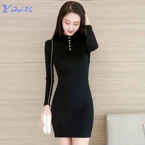 YQJRE New Autumn And Winter Womens Tight Sweater Sexy Long Sleeve Base Skirt Pencil High Neck Mini Club Elasticity Dress