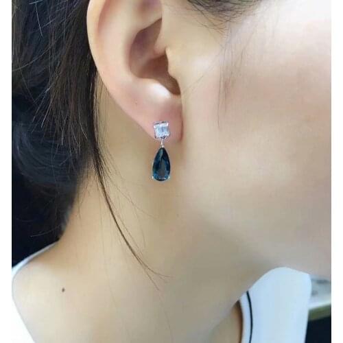 Popular fashion accessories natural London blue topa stone ear nail pendant 925 pure silver ear nail anti-oxidation non-allergic