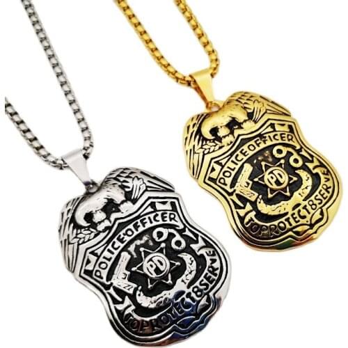 Vintage 316L Stainless steel hip hop Eagle Police PD Badge pendant necklace mens Officer fashion pendant necklace jewelry