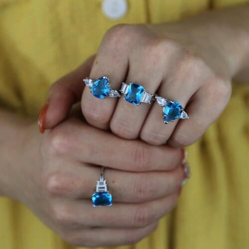 Luxury Silver Color Square Tear Drop Cubic Zirconia White Blue CZ Color Engagement Wedding Rings For Women Boho Fashion Jewelry