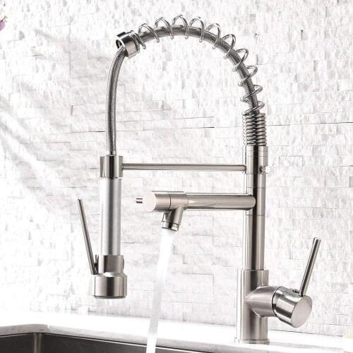 Brushed Nickel Spring Kitchen Faucet Swivel Spout Single Handle Sink Pull Down Spray Mixer Tap