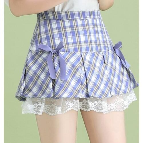 Student Plaid JK Miniskirt Spring and Summer Fashion High Waist Lace Panel Pleated Skirt Cute Sweet Girl Dancing Skirt
