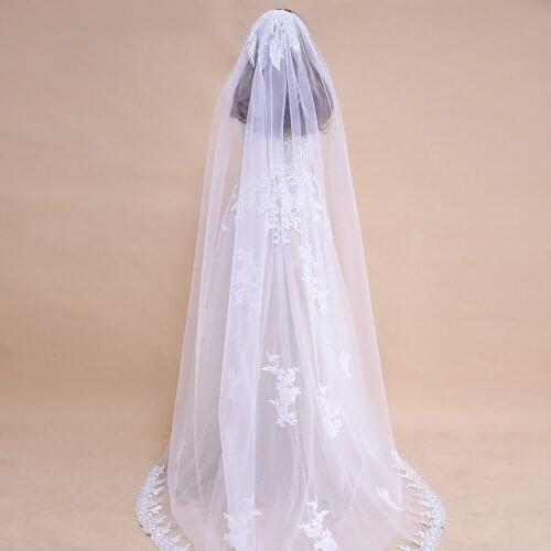 ZMV19 Lace Appliqued Cathedral Wedding Veil with Cut Edge white Ivory Handmade Sequins-Leaf for Bride Veil Headband with Veil