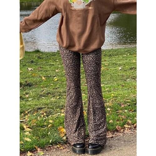 Y2k Vintage Clothes Flare Cropped Pants Mesh Trousers High-Waist Casual Jogger Pants Women Brown Slim Leopard Sexy Sweaterpants