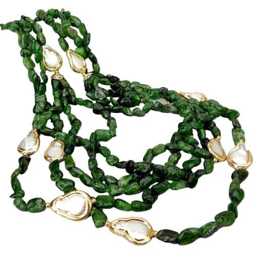 YYGEM Multi Strands Natural Green Diopside freeform White Teardrop freshwater Pearl Necklace 22" vintage stylefor women